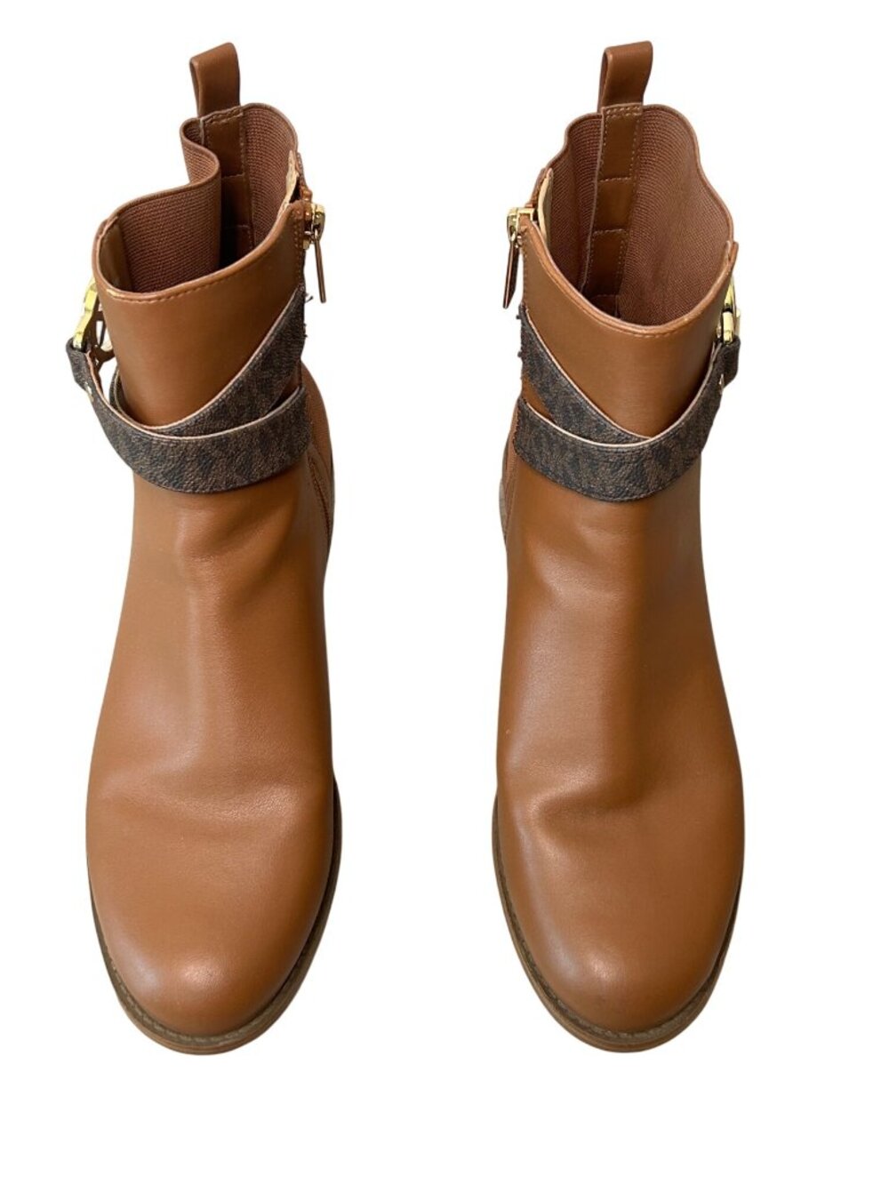 Michael Kors Brown Ankle Boots With Gold Logo Buckle Side Zipper & Faux Leather - Picture 16 of 16